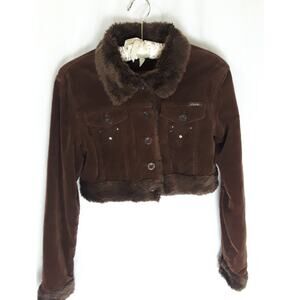 C'EST TOI PREMIUM Cropped Brown Corduroy Jacket Faux Fur Coat Sz M Earthy Indie
